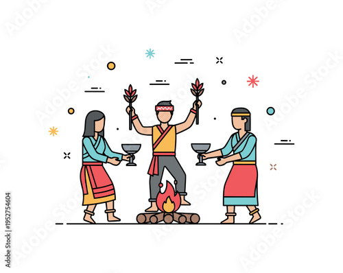 A small community performing a ceremonial dance around a fire with traditional attire, highlighting cultural rituals, unity, and heritage