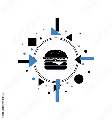 Centered silhouette-style burger icon framed by a thin circular outline, surrounded by small blue dots and flat geometric blocks arranged symmetrically, strong