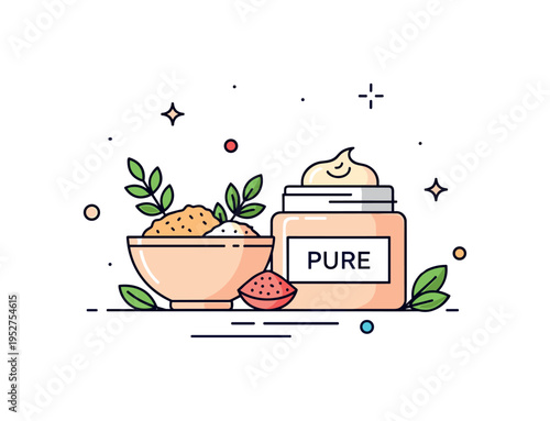 Herbal skincare ritual small bowl of botanical ingredients beside a simple face cream jar labeled Pure. A soothing micro scene highlighting gentle formulas and