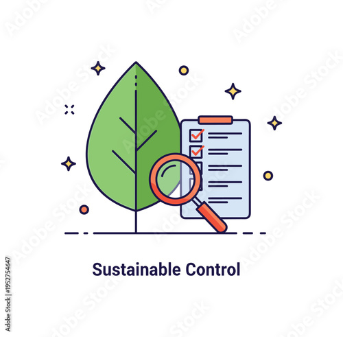 Integrated pest management theme featuring a leaf icon with a small magnifier and checklist symbol beside it, representing structured evaluation and