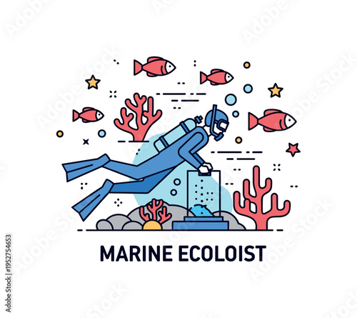 Marine ecologist studying ocean life illustrated with a diver silhouette near coral and fish icons, expressing underwater research and ecosystem awareness. A