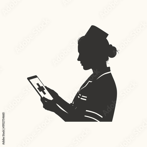 Female Nurse Silhouette Using Digital Tablet with Medical Cross Symbol