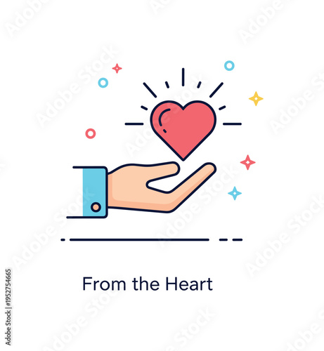 Symbolic gesture hand over heart with a subtle radiating glow icon behind it, representing sincerity, gratitude, and emotional authenticity in a balanced