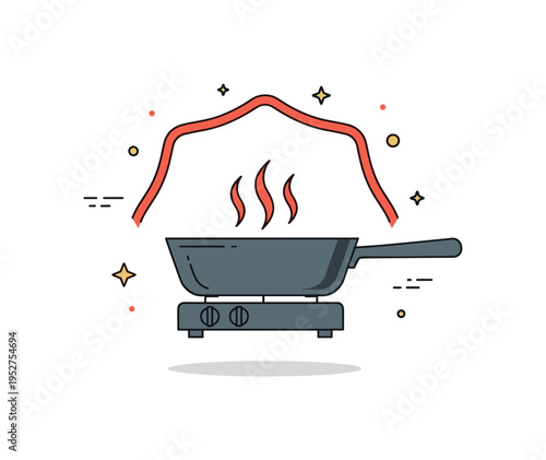 Cast iron pan theme depicted by a sturdy skillet with subtle heat wave accents above, expressing durability and traditional stovetop cooking. The badge-like