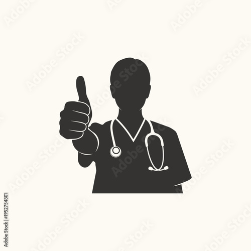 Medical Doctor or Healthcare Professional Silhouette Icon Giving Thumbs Up Gesture with Stethoscope, Symbolizing Approval and Good Health