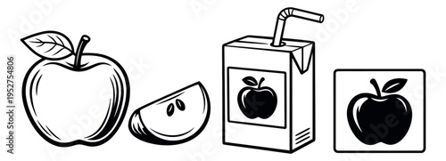 Line art apple elements set featuring a whole apple, a slice, a juice box, and an icon for food and beverage design