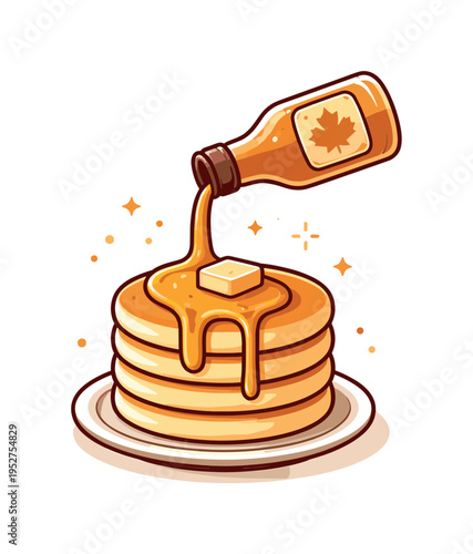 Maple syrup drizzle moment a syrup bottle tilted above a pancake stack with smooth flowing lines forming a sweet golden ribbon, highlighting the comforting