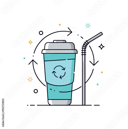 Zero waste beverage concept insulated travel cup paired with a straight metal straw and a subtle circular recycle arrow around them. A clean visual metaphor