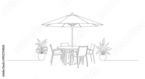 Vector illustration of outdoor patio set with umbrella and plants