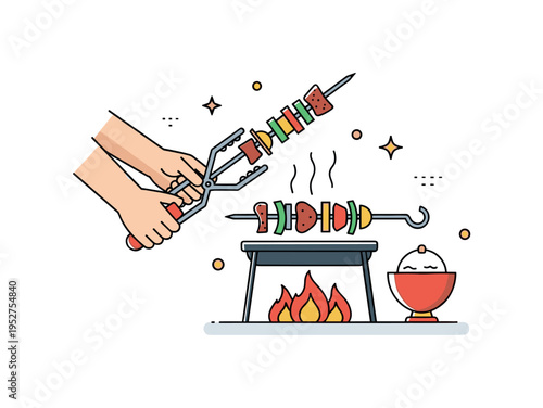 Using skewers and tongs to rotate kebabs over an open flame, illustrating technique, safety, and flavorful barbecue preparation. Minimalist flat vector