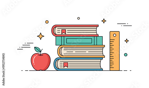 Classroom essentials stack of books beside a simple apple and ruler icon, conveying traditional study environment and foundational education. Minimalist flat