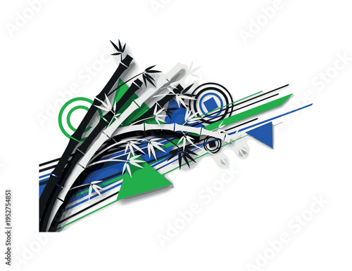 Black and white bamboo stems bending slightly in wind, dynamic diagonal lines and concentric circles symbolizing movement, vivid emerald and cobalt flat