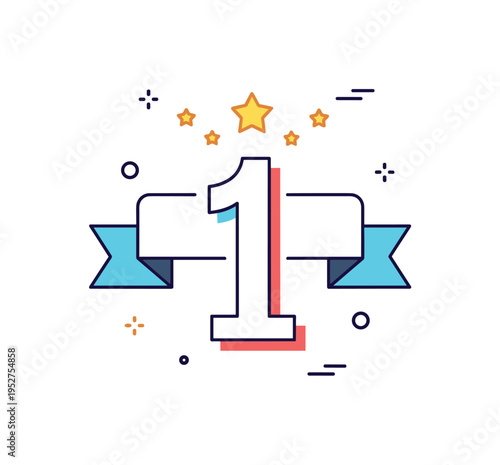 First place trophy banner showing a large number one integrated into a ribbon with subtle star elements above. A clear and energetic symbol of leadership and