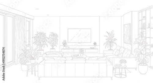 Vector illustration of a modern living room interior with furniture and plants