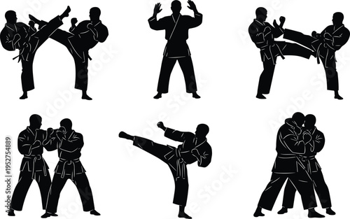 Martial arts silhouettes, karate fighters action poses, combat training illustration, self defense techniques, fighting stances collection, sport fitness discipline, black vector set