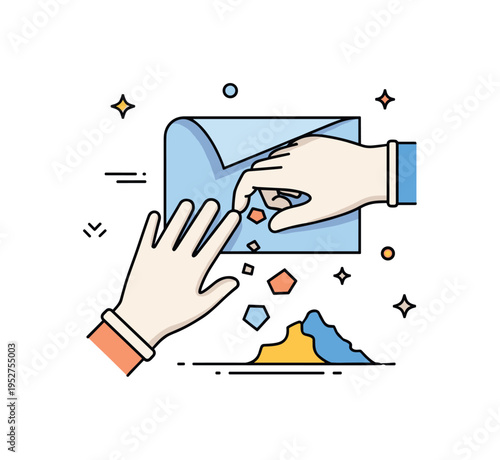 Home improvement DIY task illustrated by a gloved hand peeling wallpaper while small debris pieces fall away, symbolizing effort and visible change. The