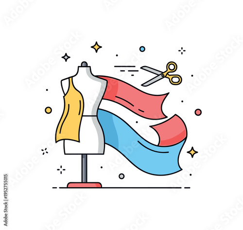 Garment creation process dress form mannequin paired with flowing fabric pieces and a pair of scissors in motion. A refined editorial badge about transforming