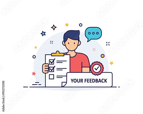 Student feedback academic evaluation concept illustrated by a student figure holding a checklist sheet with visible check marks and a small speech bubble icon