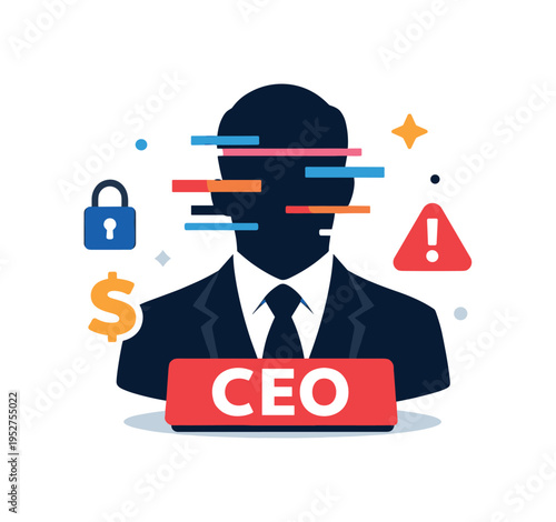 Deepfake CEO fraud illustrated through a familiar executive silhouette overlaid with subtle glitch lines, conveying deception, trust abuse and hidden