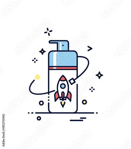 Beauty product mockup rebrand launch concept featuring a sleek cosmetic container with a tiny rocket accent and subtle star details around it. The compact