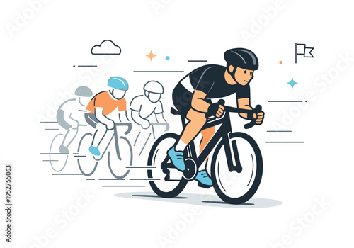 Cyclist leading the race pack. One rider slightly ahead of simplified riders behind, maintaining strong rhythm and concentration while motion lines suggest