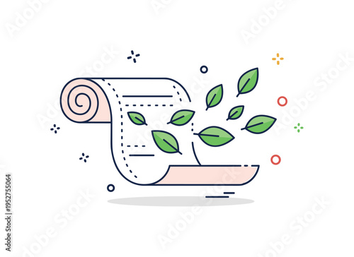 Compostable paper towel concept featuring a partially unrolled sheet transforming into small leaf shapes, symbolizing biodegradability and environmentally safe