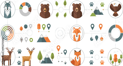 Set of Wildlife Infographic Elements with Animals Maps Location Pins Charts and Nature Icons for Data Visualization Vector Illustration Design.