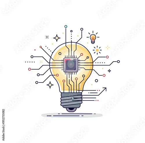 Tech innovation digital light bulb formed from circuit lines and microchip elements glowing at the center, expressing breakthrough ideas and smart engineering.