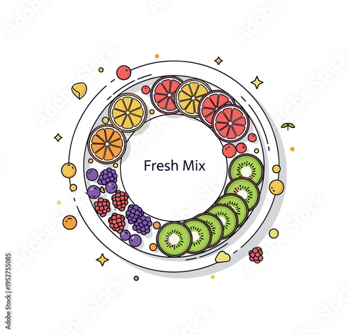 Fruit platter fresh assortment concept illustrated by a round plate filled with neatly arranged slices of citrus, berries, and kiwi forming a colorful balanced