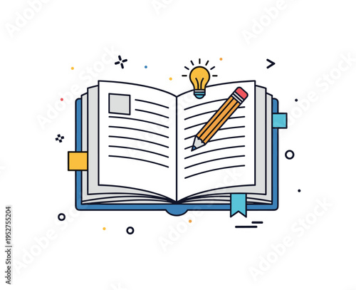 Creative blank spread badge shown as an open book with a small pencil resting diagonally across the pages, symbolizing ideas ready to be written. The balanced
