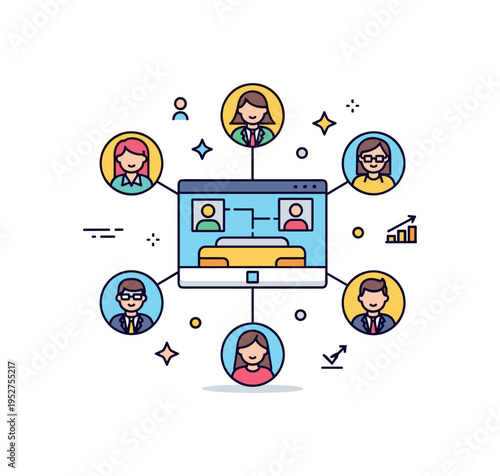 Online freelance marketplace illustration featuring small professional avatars arranged around a central platform screen icon, symbolizing digital platforms