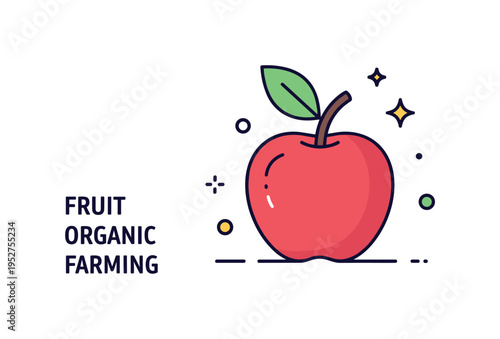 Fruit organic farming badge represented by a single apple combined with a small leaf and subtle sparkle detail. The composition communicates natural growth,