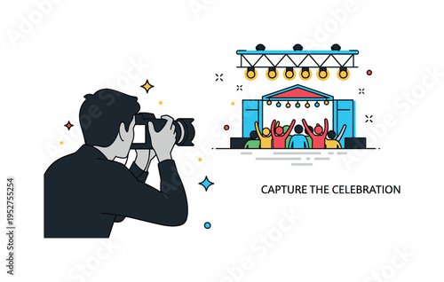 Festival photography moment capturing a photographer silhouette holding a camera toward a stage with bright decorative lights above. A subtle ?Capture the