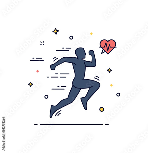 Aerobics fitness session concept featuring a dynamic human silhouette mid jump with small motion lines and a subtle heart rate icon nearby, expressing energy