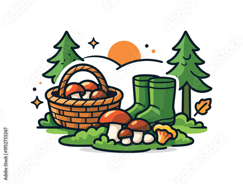 Morning forest foraging walk with a wicker basket, rubber boots, and fresh mushrooms placed on soft moss beneath tall trees. The composition evokes calm