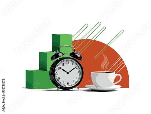 Black and white vintage alarm clock enlarged in the center, abstract blue semicircle wrapping around it like acceleration, floating red rectangles symbolizing