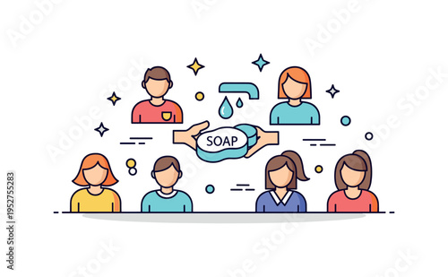 Community hygiene awareness group of simplified people icons with soap and water symbol in the center, conveying shared responsibility and public health