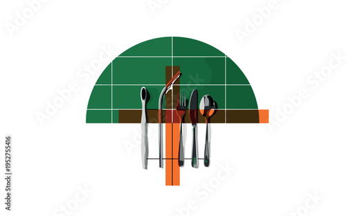 Black and white flat lay of bamboo toothbrush, metal straw, and reusable cutlery, oversized green semicircle framing the objects, bright orange rectangular
