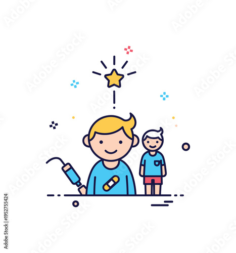 First vaccination milestone represented by a tiny celebratory star above a child figure with a subtle bandage detail. The scene conveys reassurance, growth,