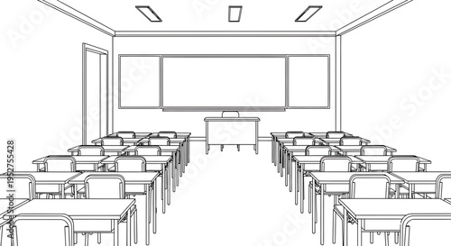 Vector illustration of empty classroom with desks and whiteboard