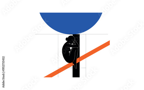 Black and white silhouette curled against a vertical wall line, bold cobalt blue semicircle pressing from above, orange diagonal stripe cutting across to