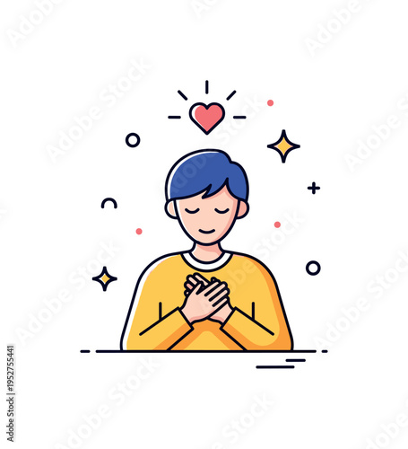 Personal devotion moment illustrated by a calm figure with hands gently clasped and a small glowing heart symbol above, expressing sincerity and