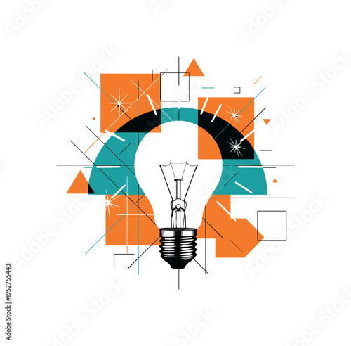 black and white light bulb with visible filament, layered with teal semicircle and orange geometric blocks, fine intersecting lines and small spark symbols,