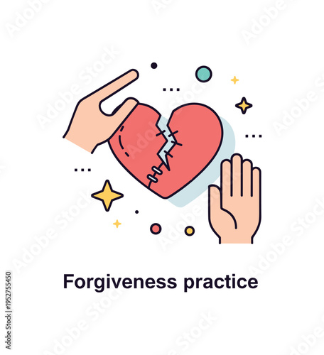Forgiveness practice small broken heart icon carefully mended with a visible stitch and caring hands nearby. A symbolic concept badge about healing mistakes