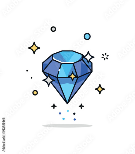 Sapphire crystal floating with gentle sparkles and soft shadows underneath, creating a clean and magical visual of rarity and elegance. Minimalist flat vector