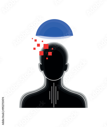 Realistic monochrome silhouette of a head with visible brain area replaced by layered blue cylindrical spiral forms, floating minimal square accents