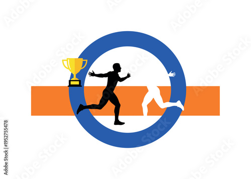 Black and white teammates running toward each other for celebration, vivid cobalt blue circular halo anchoring composition, bright orange rectangular block