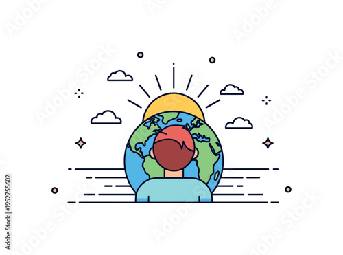 Future focused earthling looking at a rising sun behind a miniature planet representing optimism and global progress. Clean horizon lines and subtle star