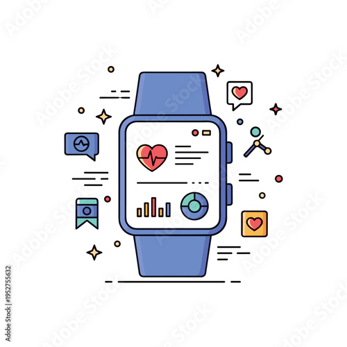 Technology trends wearable devices idea centered on a smartwatch displaying minimal data icons with subtle motion lines. A clean editorial symbol of health