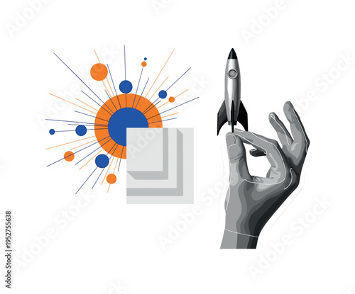 Black and white hand holding a compass over an abstract planetary map, planets stylized as flat circles and cylinders aligned in orbit, sharp linear grid